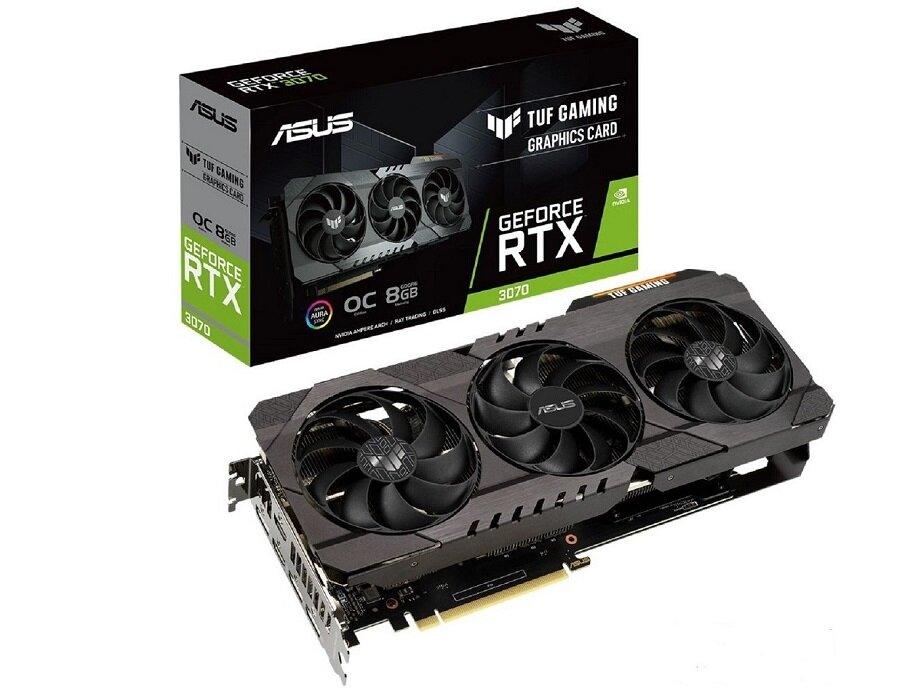 Karta graficzna ASUS Tuf Geforce RTX 3070 Gaming OC 8GB - wyglad ogólny opakowanie 8GB pamięci operacyjnej trzy wentylatory RTX