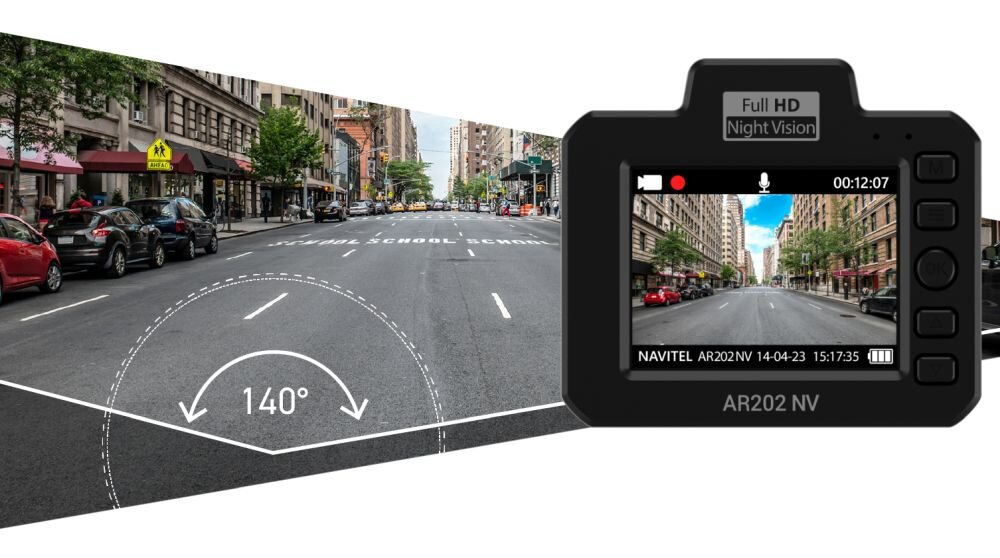 Wideorejestrator NAVITEL AR202 NV  obiektyw rozdzielczość nagrywanie kąt zapis sensor czujnik montaż wymiary ładowanie zasilanie auto samochód rejestrowanie karta pamięć pojemność ładowarka obraz zdjęcia filmy aplikacja sterowanie 