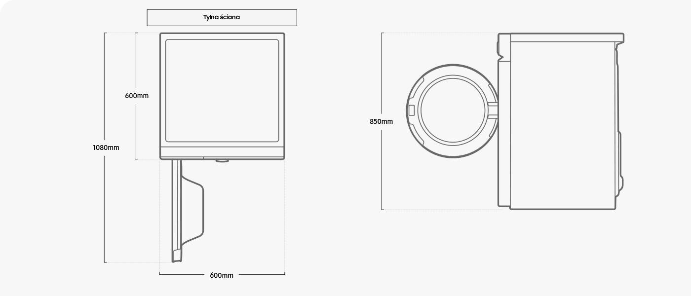 Szczegółowe wymiary pralki Samsung Bespoke AI™ WW11BB534DAWS6