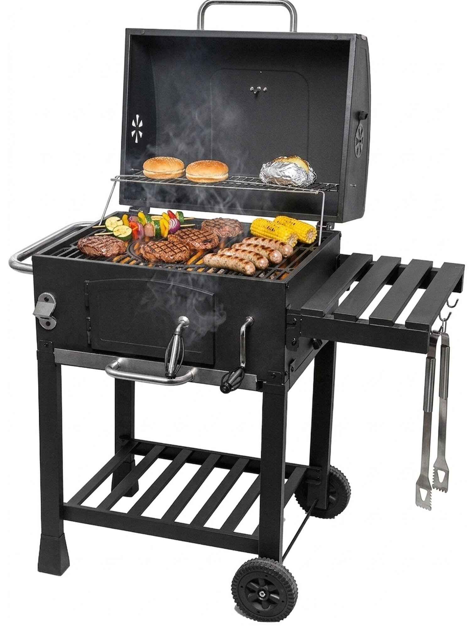Barbacoa De Carbón Activa Angular Angulatus Con Sistema Rost-in-Rost, Bandeja Ajustable Y Ruedas Para Movilidad