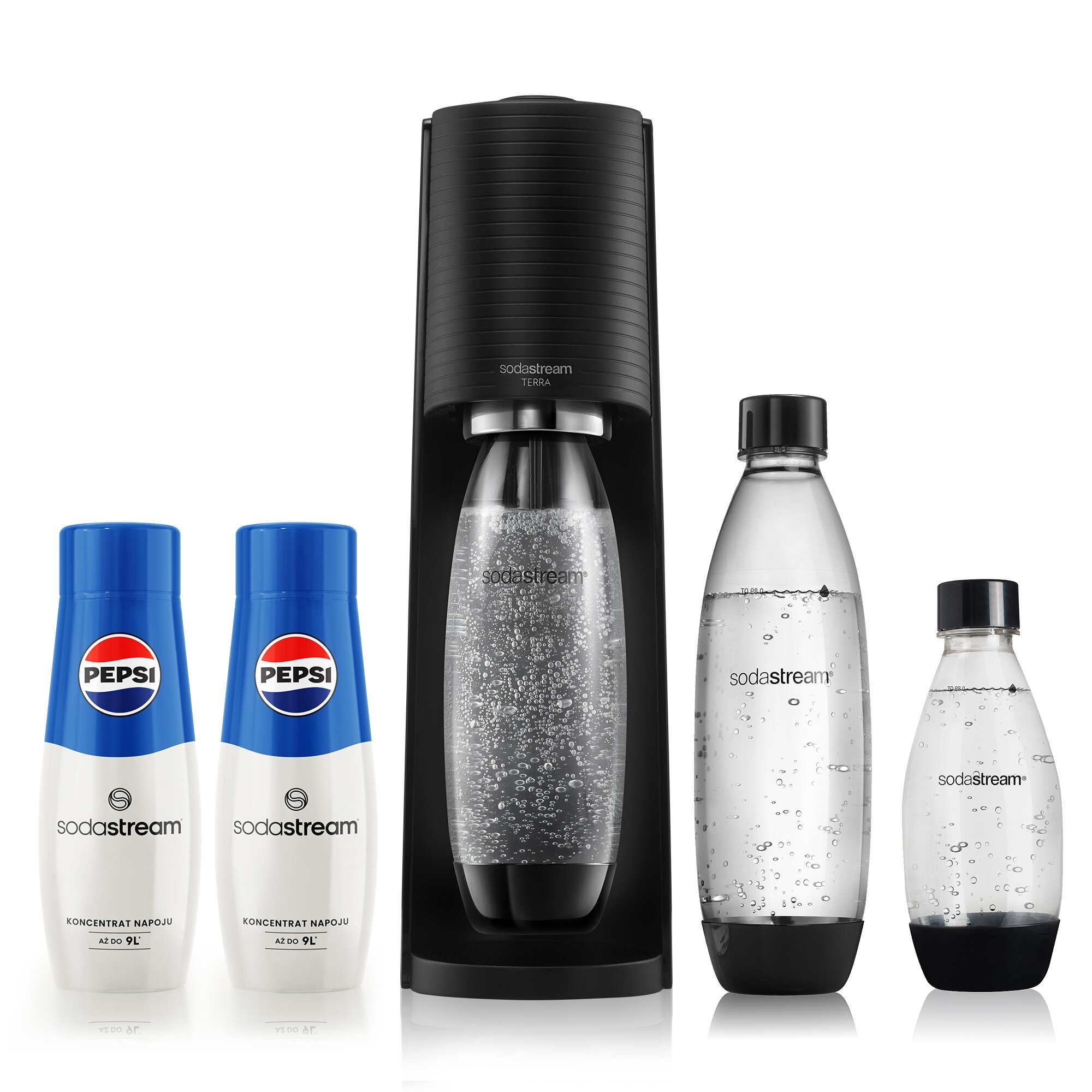 SODASTREAM Terra Czarny + 3 butelki + 2 syropy Pepsi Saturator