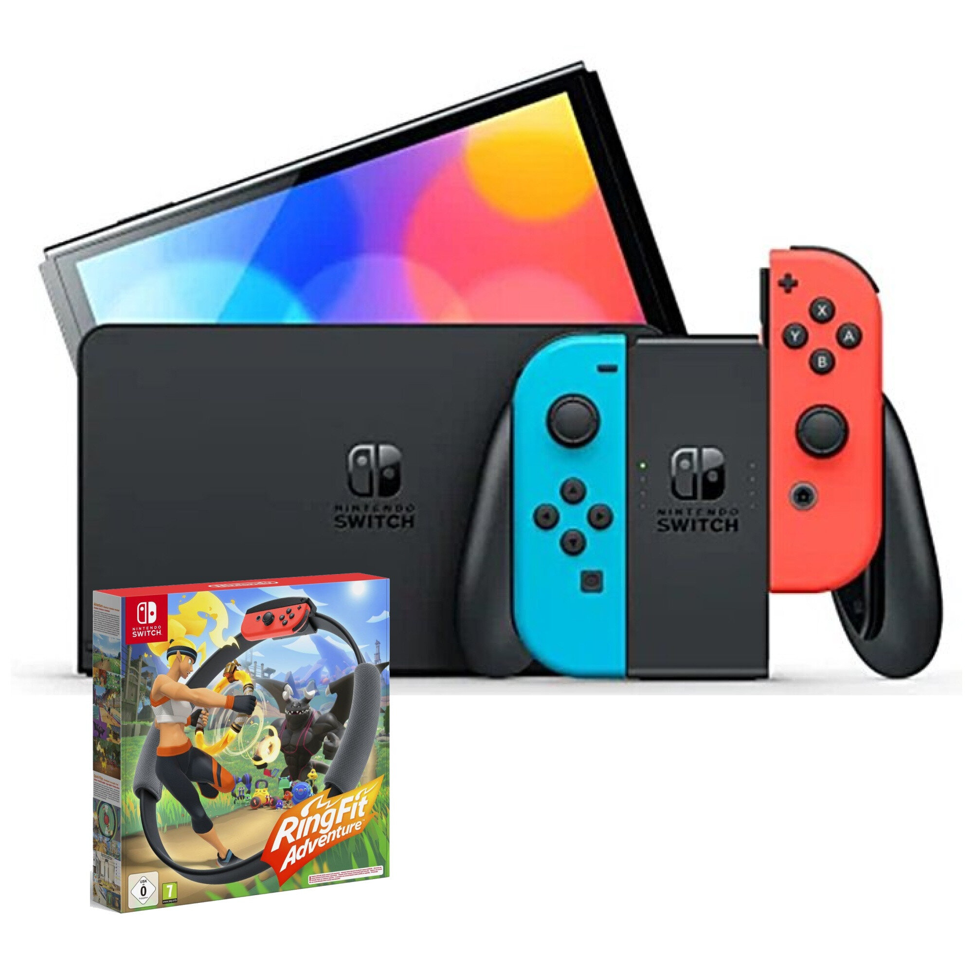 NINTENDO Switch Oled Czerwono-niebieska + Ring Fit Adventure Gra