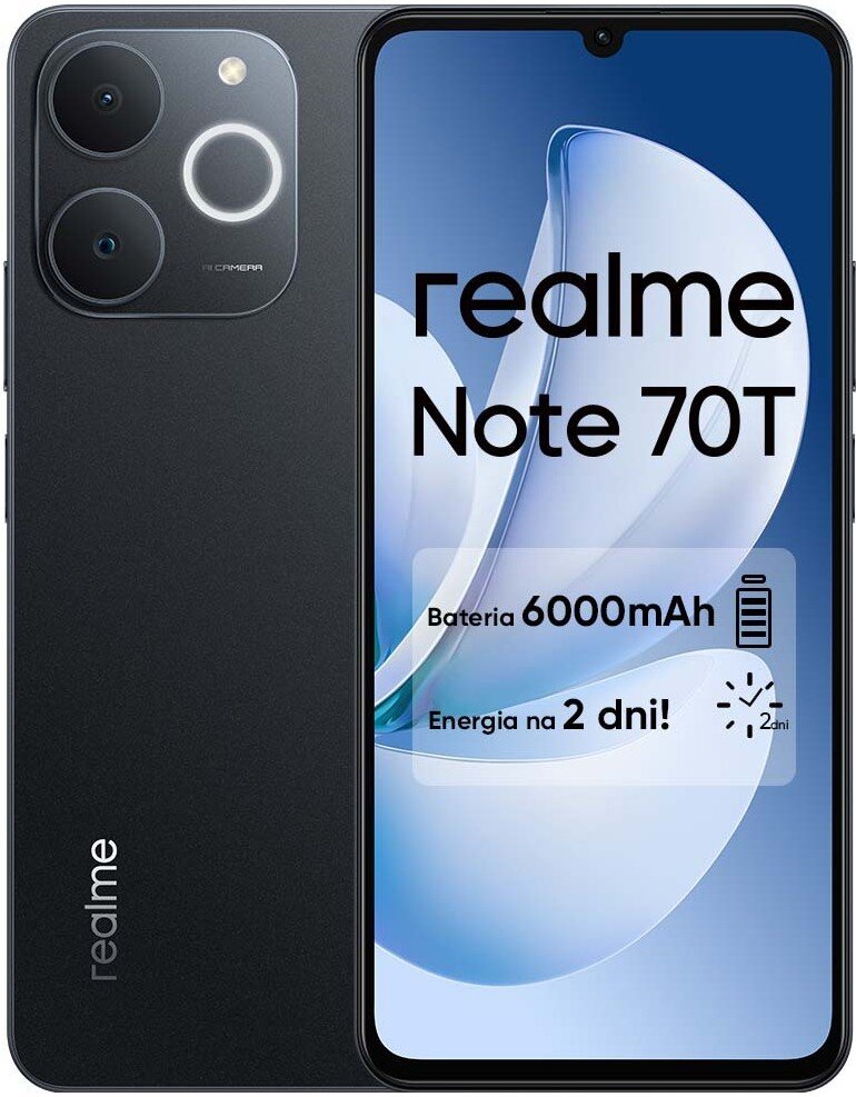 REALME Note 70T 4/128GB 6.74” 90 Hz Czarny Smartfon - niskie ceny