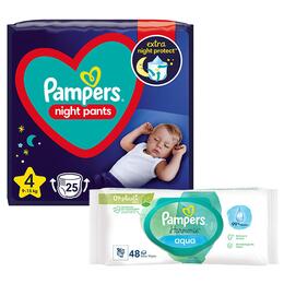 Pieluchomajtki PAMPERS Night Pants 4 (25 szt.) + Chusteczki nawilżane PAMPERS Harmonie Aqua (48 szt.)