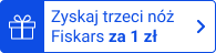 emblemat z niebieskim napisem zyskaj trzeci nóż Fiskars za 1 zł