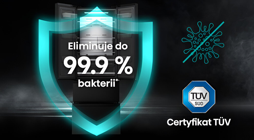 Obraz przedstawia lodówkę z otwartymi drzwiami, na której widnieje napis \'Eliminuje do 99.9% bakterii\'. Obok znajduje się symbol bakterii z przekreśleniem oraz logo TÜV SÜD z napisem \'Certyfikat TÜV\'.