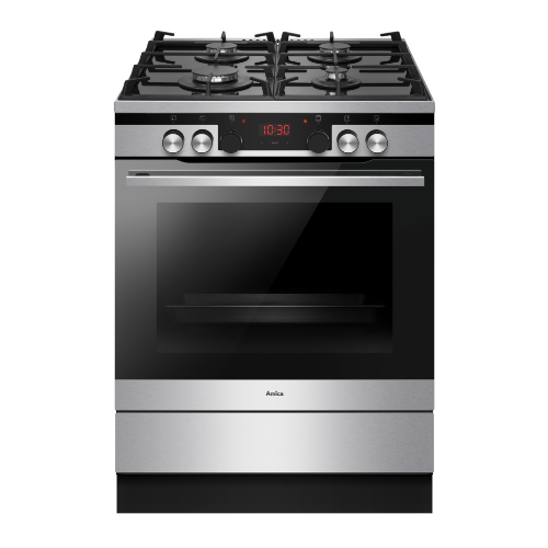 Na obrazie widoczna jest kuchnia gazowo-elektryczna z czterema palnikami na górze i piekarnikiem poniżej. Na panelu sterowania znajduje się wyświetlacz z godziną 10:30 oraz pokrętła do regulacji.