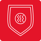 Czerwony symbol tarczy z falami w środku na czerwonym tle.