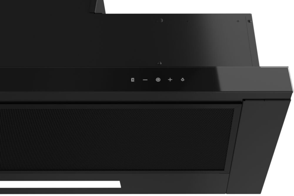 Czarny okap kuchenny z panelem sterowania zawierającym cztery ikony: włącznik, światło, zwiększenie mocy i ustawienia. Dolna część okapu ma siatkowy filtr.