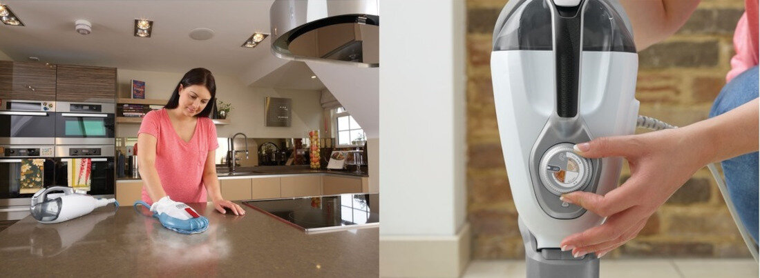 Po lewej stronie osoba używa białego i szarego mopa parowego na blacie kuchennym. Po prawej stronie zbliżenie na rękę regulującą pokrętło na urządzeniu.