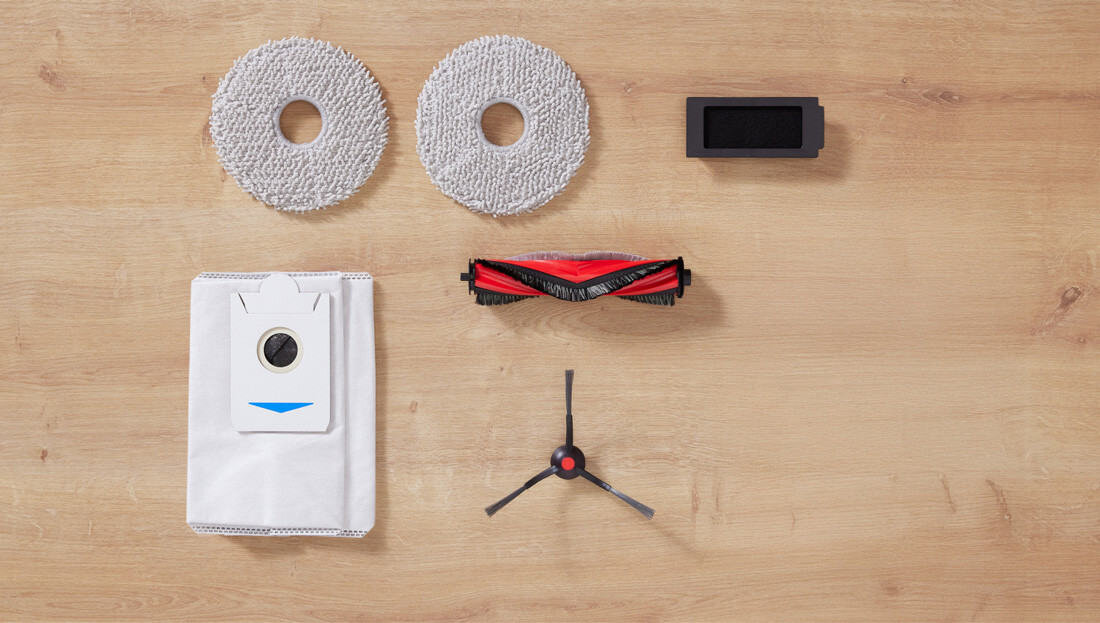 Robot sprzątający BOSCH BCRDW3BAB Optymalnie dobrane akcesoria Wymienne filtry, worki na kurz, szczotki nakładki mopujące