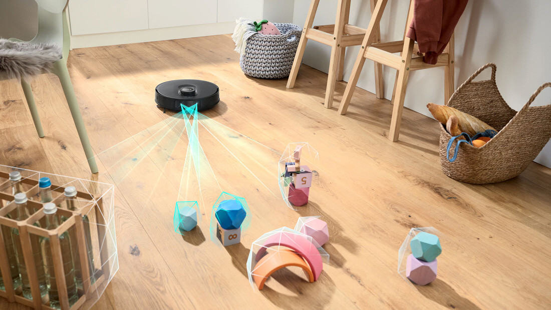 Robot sprzątający BOSCH BCRDW3BAB Dokładna nawigacja Światło strukturalne Smart Vision technologia Smart Vision ze światłem strukturalnym delikatne omijanie mebli, ścian i innych przeszkód, precyzja nawigacja