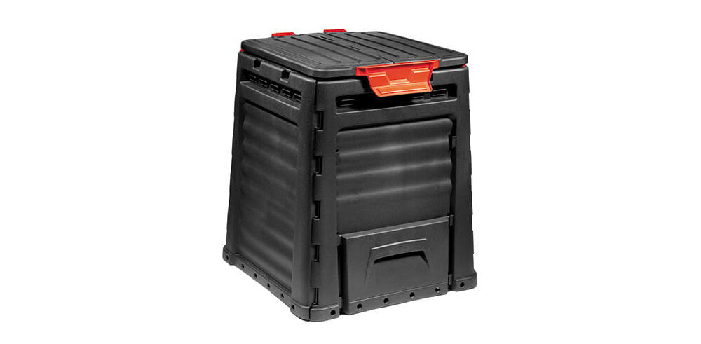 Kompostownik KETER ECO 320 l Czarny kompostownik na białym tle widoczny od przodu po skosie szybkie i efektywne przekształcanie odpadów organicznych w wartościowy nawóz przemyślana konstrukcja cyrkulacja powietrza ekologiczne gospodarowanie w ogrodzie