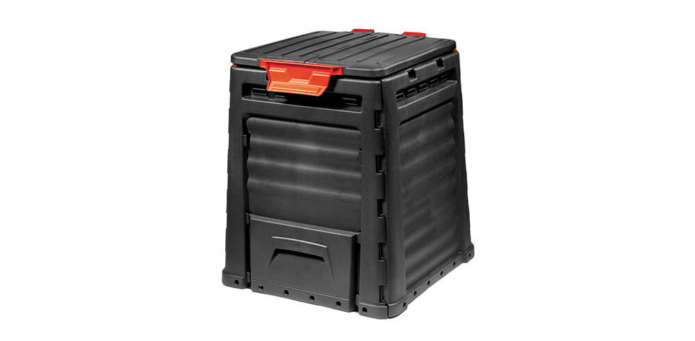 Kompostownik KETER ECO 320 l Czarny kompostownik na białym tle widoczny od przodu po skosie wykonany z materiałów odpornych na wilgoć promieniowanie UV i zmienne temperatury surowce pochodzące z recyklingu produkt jest przyjazny dla środowiska czyścić letnią wodą z dodatkiem detergentu