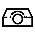 Czarny symbol przedstawiający szufladę z pokrętłem i kroplami wody, sugerujący funkcję regulacji wilgotności.