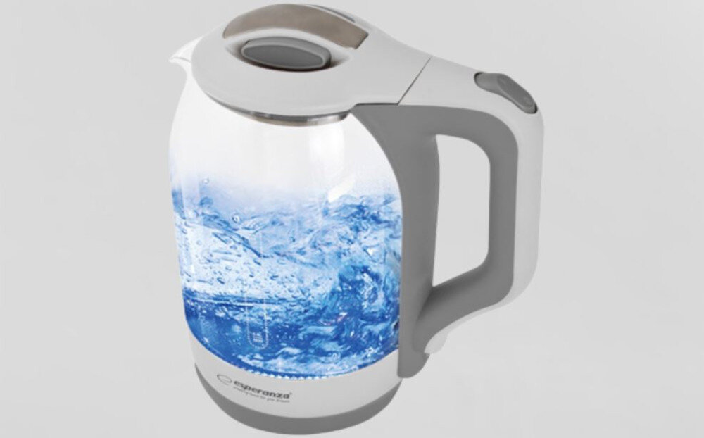 Czajnik elektryczny z przezroczystym korpusem, w którym widać gotującą się wodę z niebieskim podświetleniem. Na podstawie widoczne jest logo \'esperanza\'.