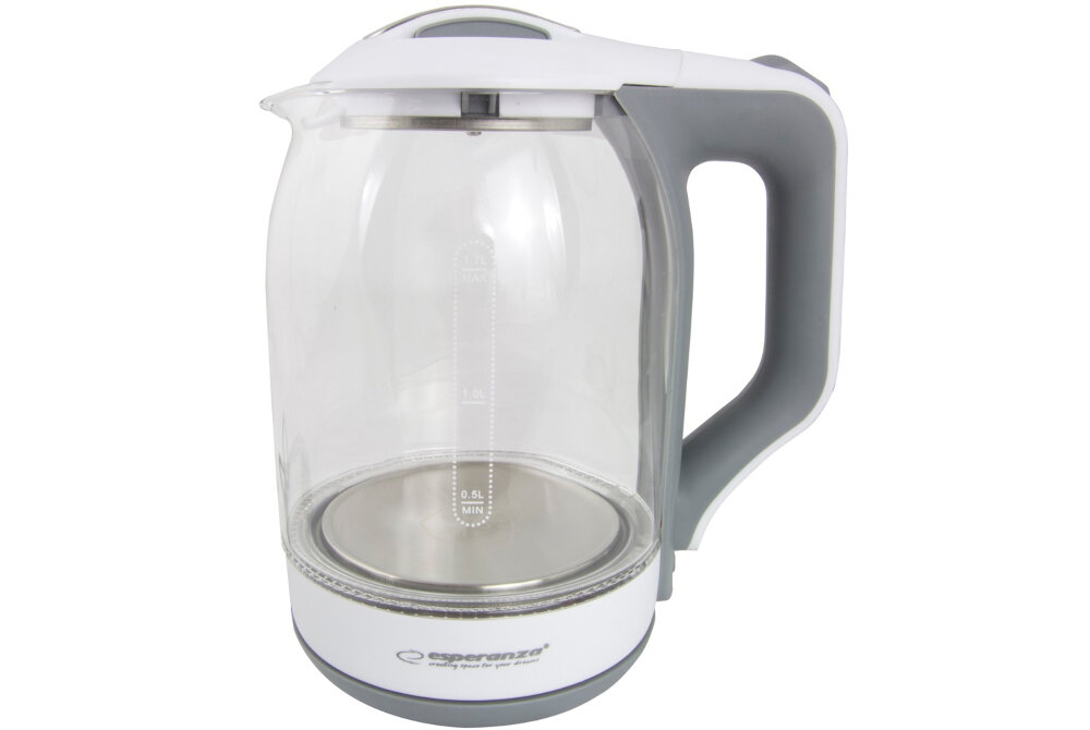 Szklany czajnik elektryczny z białą podstawą i szarym uchwytem. Na podstawie widoczne jest logo \'esperanza\'.