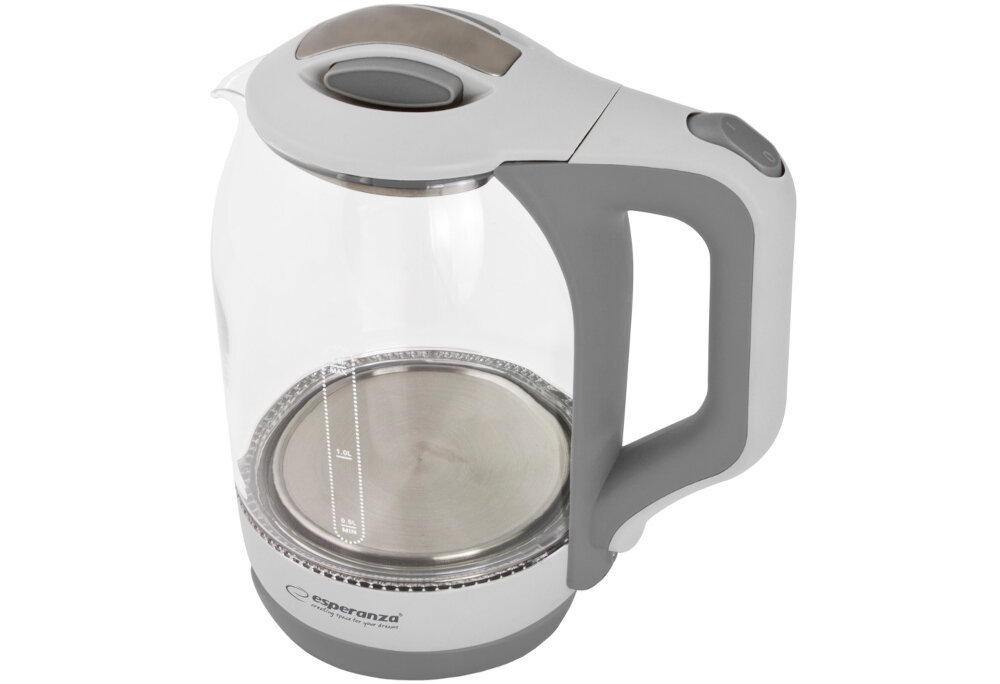 Szklany czajnik elektryczny z szarymi elementami, posiada widoczną miarkę pojemności oraz logo \'esperanza\' na podstawie.