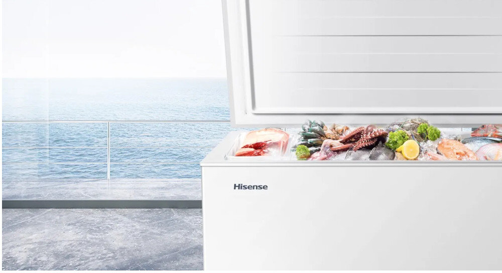 Otwarta zamrażarka z widocznymi różnorodnymi produktami spożywczymi, takimi jak owoce morza i warzywa. Na zamrażarce widoczne jest logo \'Hisense\', a w tle znajduje się widok na morze.
