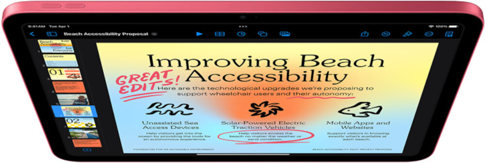 Tablet wyświetla dokument zatytułowany \'Improving Beach Accessibility\' z kolorowymi grafikami i tekstem dotyczącym technologicznych ulepszeń dla osób na wózkach inwalidzkich. Na ekranie widoczne są także miniatury stron dokumentu po lewej stronie.