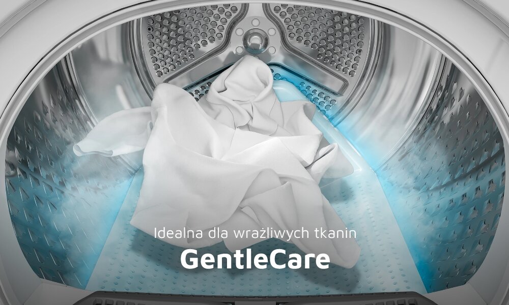 Wnętrze bębna suszarki z widoczną białą tkaniną. Tekst na obrazie: \'Idealna dla wrażliwych tkanin GentleCare\'.