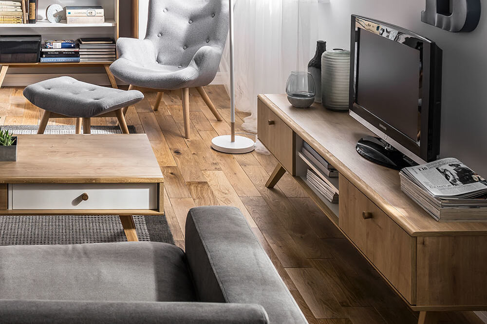 Szafka RTV VOX Nature Dąb rynna z klapką schowek na kable listwę zasilającą