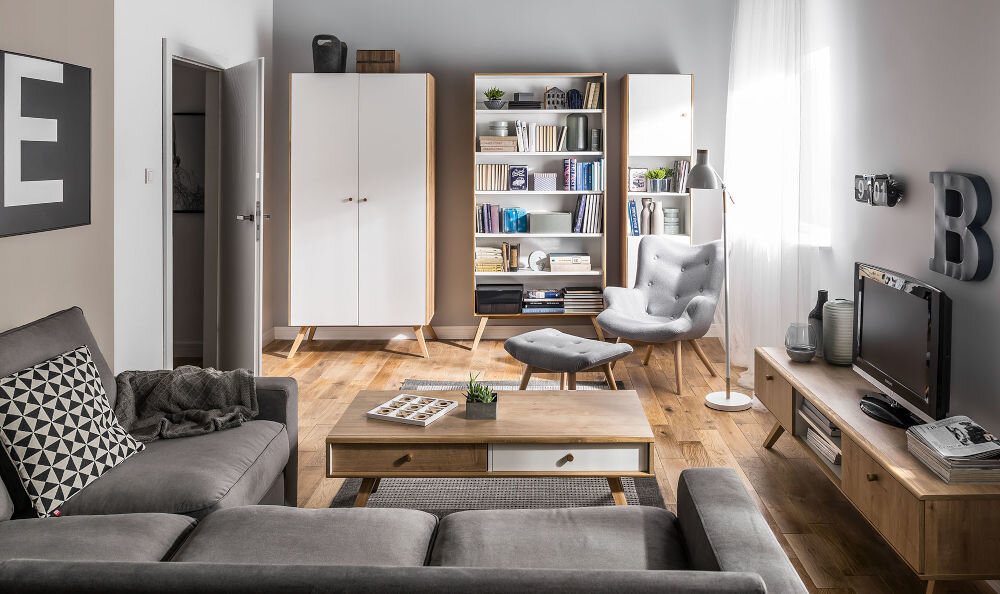 Szafka RTV VOX Nature Dąb dwie szuflady cichy domyk otwarta półka