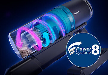 Obraz przedstawia odkurzacz z widocznym logo \'PHILIPS\' oraz technologią \'Power Cyclone 8\'. Wewnątrz urządzenia widać kolorowe wiry powietrza.