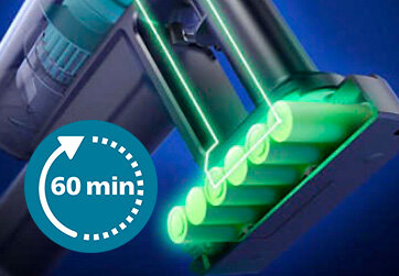 Obraz przedstawia zbliżenie na baterię odkurzacza z zielonym podświetleniem. Obok znajduje się okrągła ikona z napisem \'60 min\'.
