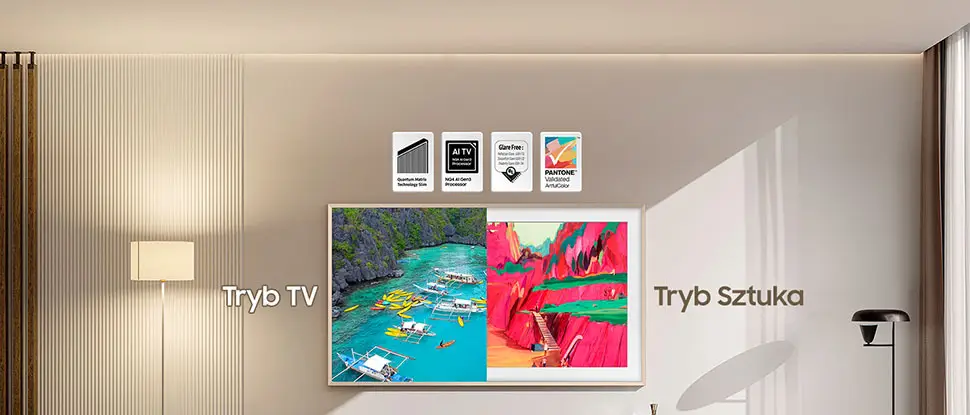 W TV The Frame  podzielonym na pół Tryb sztuki pokazuje namalowany obraz, a Tryb TV zdjęcie lifestyle  z łodziami