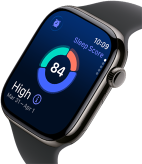 Zbliżenie na Apple&nbsp;Watch Series&nbsp;11 w&nbsp;kopercie z tytanu w&nbsp;kolorze łupku, z&nbsp;wynikiem snu na wyświetlaczu