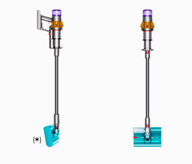 Obraz przedstawia dwa odkurzacze pionowe z przezroczystymi elementami w górnej części i niebieskimi końcówkami czyszczącymi. Obok jednego z odkurzaczy znajduje się symbol (*) oznaczający dodatkową funkcję.