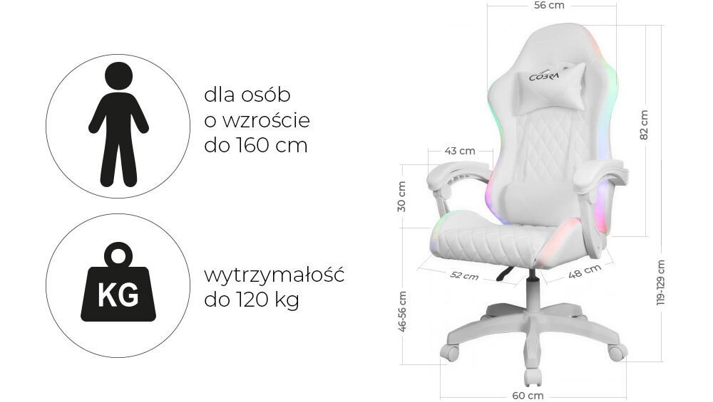 Biały fotel gamingowy z podświetleniem RGB i głośnikami, z logo \'COBRA\' na zagłówku. Obok znajdują się ikony z tekstem: \'dla osób o wzroście do 160 cm\' oraz \'wytrzymałość do 120 kg\'.