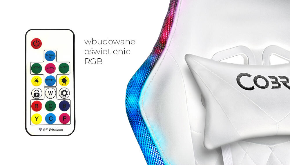 Obraz przedstawia biały fotel gamingowy z napisem \'COBRA\' oraz pilot z przyciskami do sterowania oświetleniem RGB. Obok znajduje się tekst: \'wbudowane oświetlenie RGB\'.