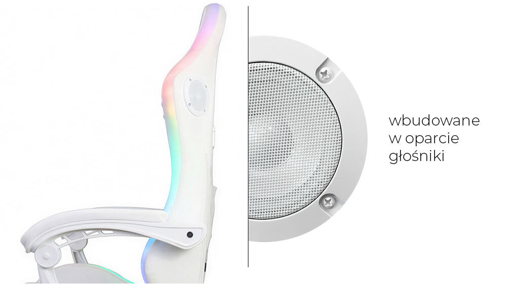 Biały fotel gamingowy z podświetleniem RGB na oparciu oraz wbudowanymi głośnikami. Obok widoczny jest zbliżenie na głośnik z napisem \'wbudowane w oparcie głośniki\'.