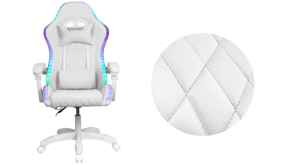 Biały fotel gamingowy z podświetleniem RGB i wbudowanymi głośnikami, z logo \'COBRA\' na zagłówku. Obok widoczny jest zbliżenie na teksturę materiału z przeszyciami w kształcie rombów.