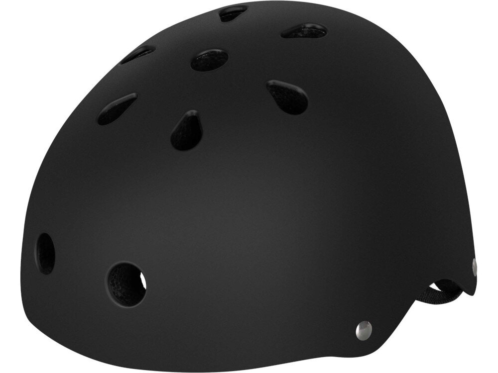 Czarny kask z kilkoma otworami wentylacyjnymi na powierzchni. Kask ma gładką powierzchnię i metalowe nity po bokach.