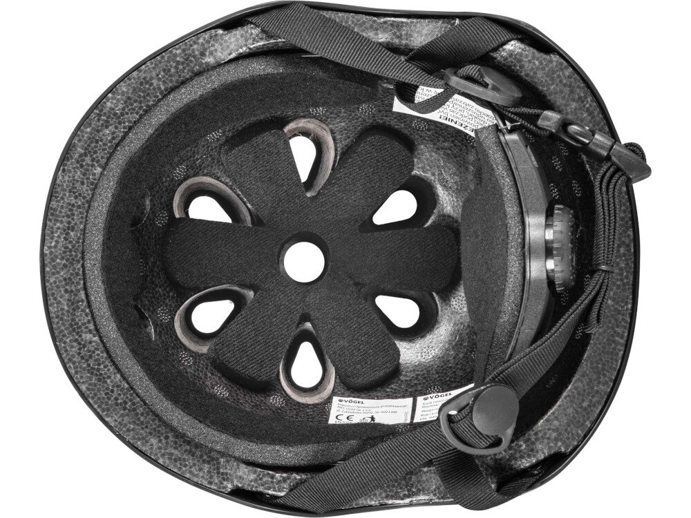 Wnętrze czarnego kasku z widoczną wyściółką i otworami wentylacyjnymi. Na kasku znajdują się paski regulacyjne oraz etykiety z tekstem \'VÖGEL\'.