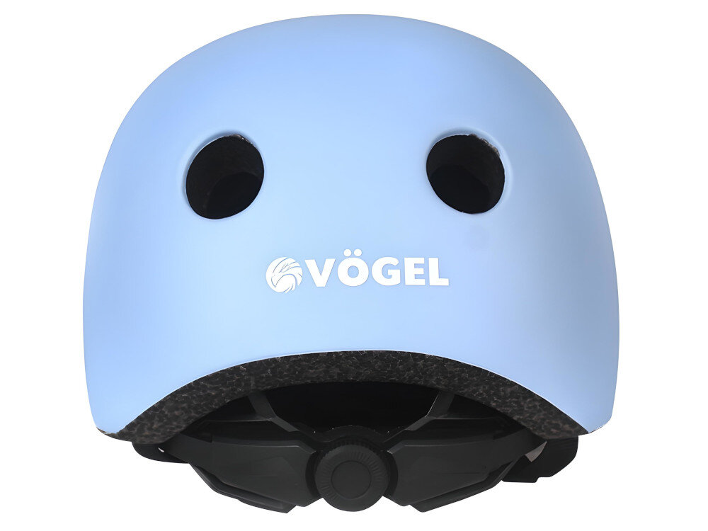 Niebieski kask z dwoma otworami wentylacyjnymi i logo \'VÖGEL\' na przodzie. Dolna część kasku jest czarna z regulacją rozmiaru.