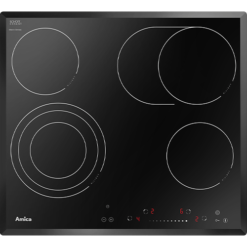Czarna płyta ceramiczna z czterema polami grzewczymi o różnych rozmiarach. Na płycie widoczne są oznaczenia dotykowe oraz logo \'Amica\'.