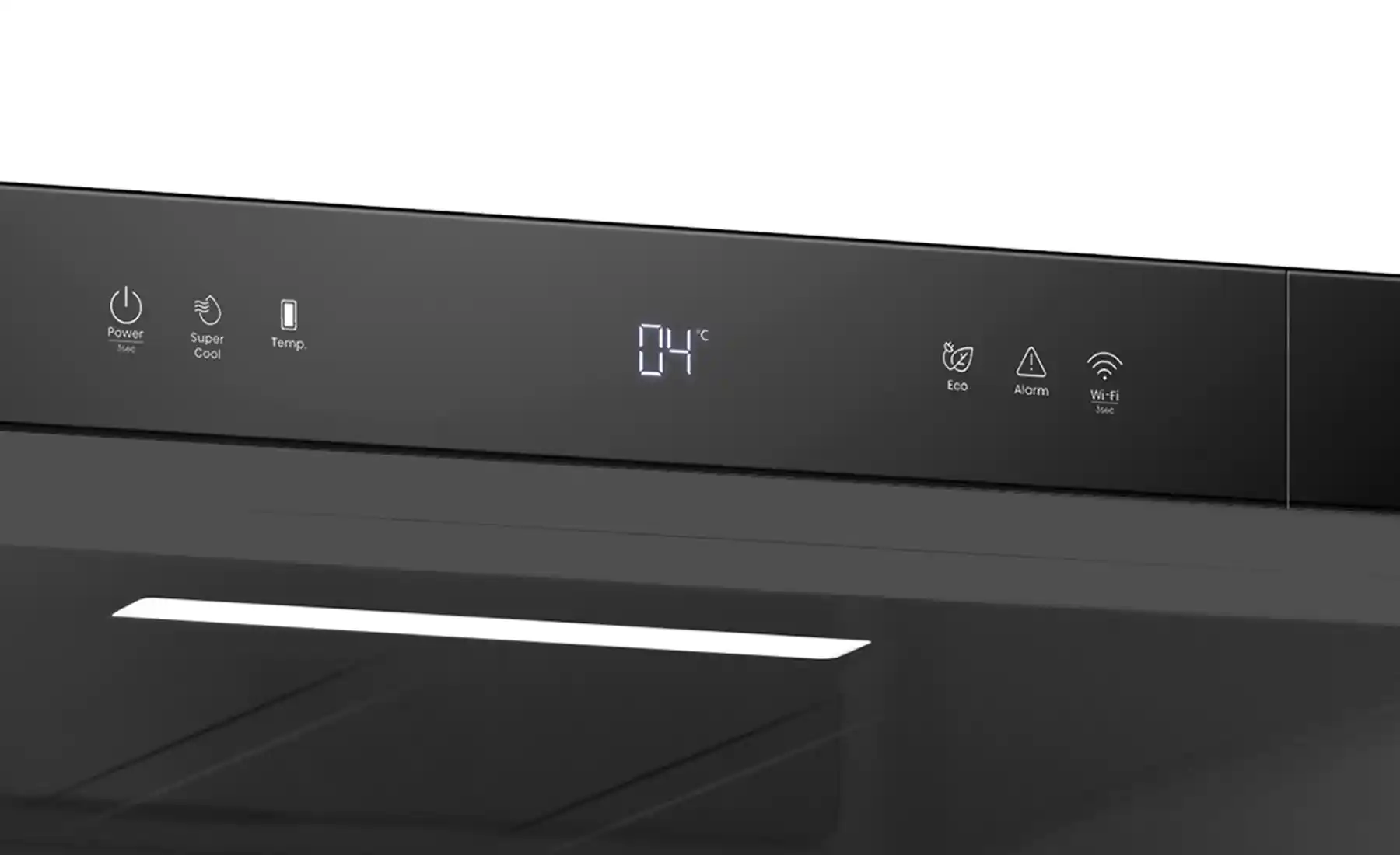 Panel sterowania lodówki z wyświetlaczem pokazującym temperaturę 04°C. Widoczne ikony: Power, Super Cool, Temp., Eco, Alarm, Wi-Fi.