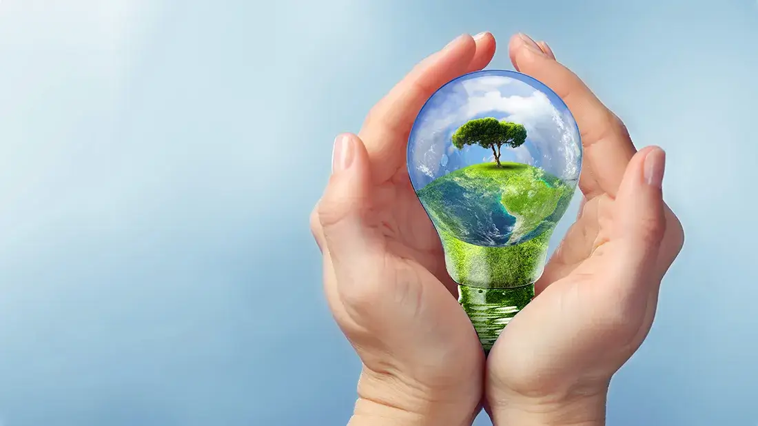 Dwie dłonie trzymają żarówkę, w której wnętrzu znajduje się miniaturowy krajobraz z drzewem na zielonym wzgórzu. Tło jest jednolite, w jasnym odcieniu niebieskiego.