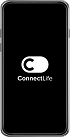 Obraz przedstawia ekran urządzenia z logo \'ConnectLife\' na czarnym tle. Logo składa się z białego symbolu przypominającego przełącznik oraz napisu \'ConnectLife\'.