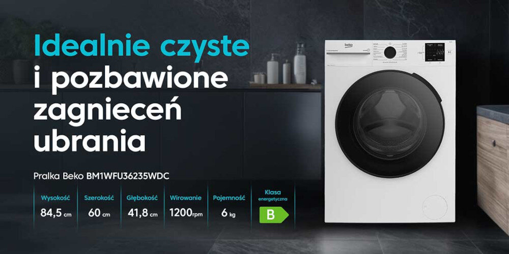Na obrazie znajduje się pralka z widocznym logo Beko, obok której umieszczono tekst: \'Idealnie czyste i pozbawione zagnieceń ubrania\'. Poniżej znajdują się specyfikacje: wysokość 84,5 cm, szerokość 60 cm, głębokość 41,8 cm, wirowanie 1200 rpm, pojemność 6 kg, klasa energetyczna B.