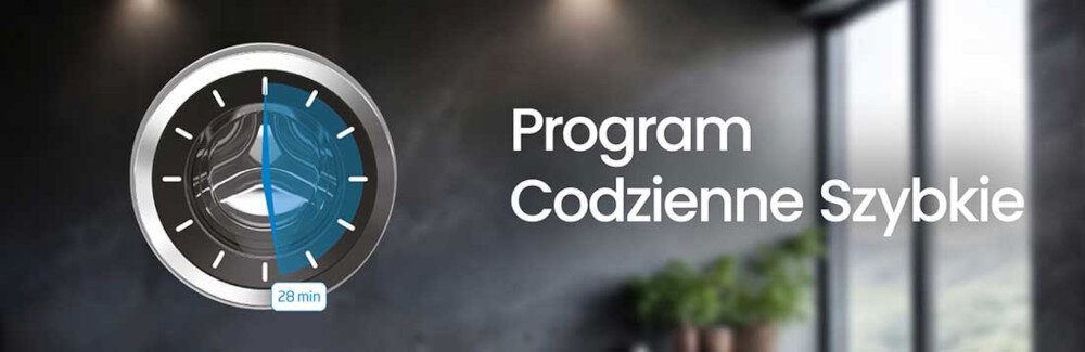 Obraz przedstawia zegar z niebieskim segmentem oznaczającym 28 minut oraz napis \'Program Codzienne Szybkie\'. W tle widoczne jest rozmyte wnętrze z oknem i roślinami.