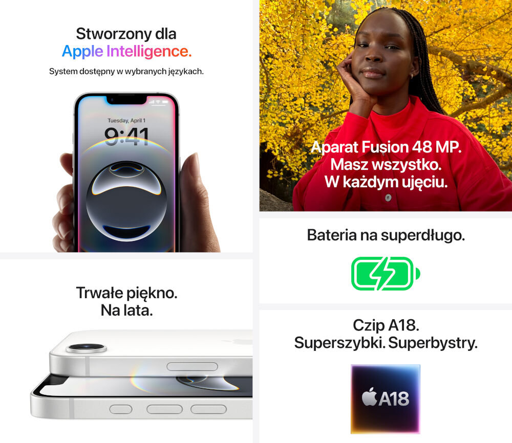 Obraz przedstawia smartfon z napisem \'Stworzony dla Apple Intelligence. System dostępny w wybranych językach.\' oraz zdjęcie osoby z tekstem \'Aparat Fusion 48 MP. Masz wszystko. W każdym ujęciu.\' Inne elementy to ikona baterii z napisem \'Bateria na superdługo.\' oraz logo z napisem \'Czip A18. Superszybki. Superbystry.\'