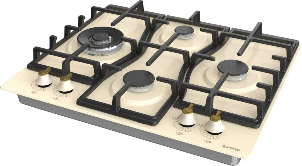 Płyta gazowa w kolorze kremowym z czterema palnikami i czarnymi rusztami. Na panelu widoczne są pokrętła oraz logo \'gorenje\'.