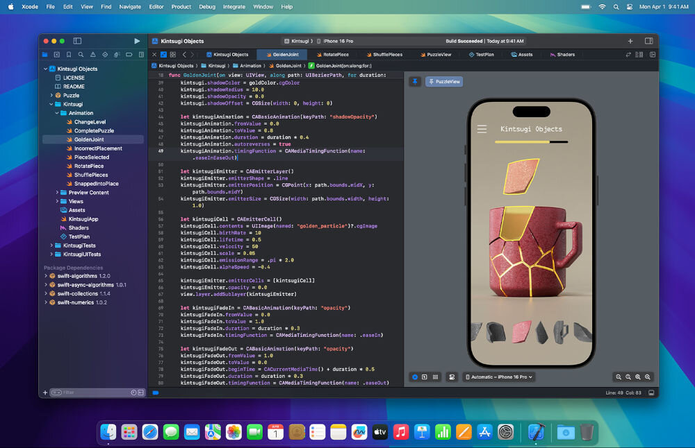 Na ekranie laptopa widoczny jest interfejs programu do tworzenia aplikacji z kodem po lewej stronie i symulatorem telefonu po prawej. Na symulatorze wyświetlana jest aplikacja z grafiką przedstawiającą kubek z elementami w stylu kintsugi.