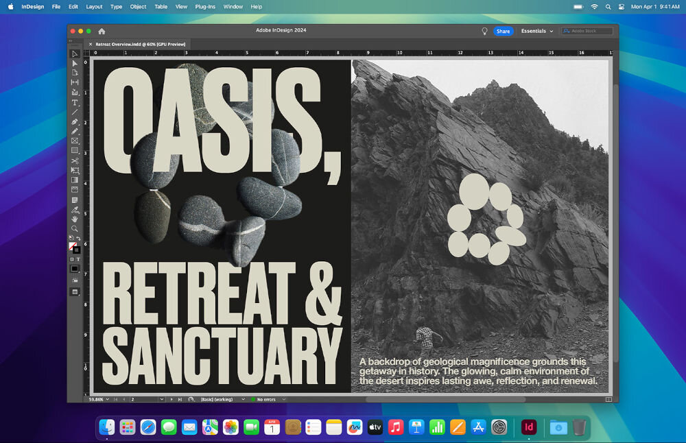 Ekran laptopa wyświetla program Adobe InDesign 2024 z otwartym projektem graficznym. Na projekcie widoczny jest tekst: \'OASIS, RETREAT & SANCTUARY\' oraz zdjęcie skały z dodatkowym tekstem opisującym środowisko pustynne.