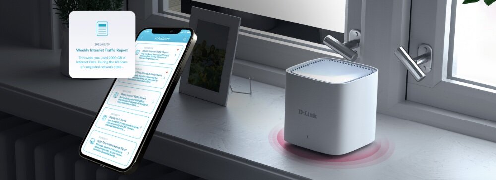 Na parapecie stoi biały router z logo D-Link, obok którego znajduje się smartfon z wyświetlonym raportem o ruchu internetowym. W tle widać okno i ramkę na zdjęcia.